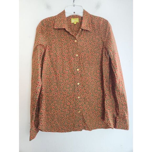 Q Mack Women Green w/Red Orange Floral Print Cotton Button Up Shirt size Medium - Picture 1 of 8